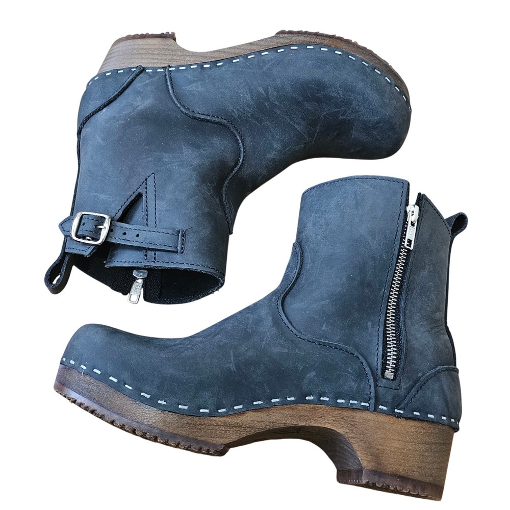 Sandgrens Clog Boots Women 39 Black Nubuck‎ Leather Good Wooden Heel Zip Ankle